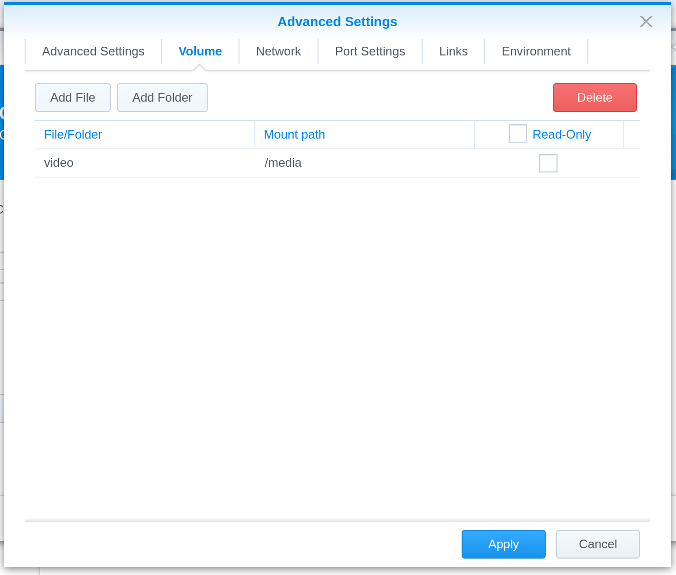 advance settings showing mount added